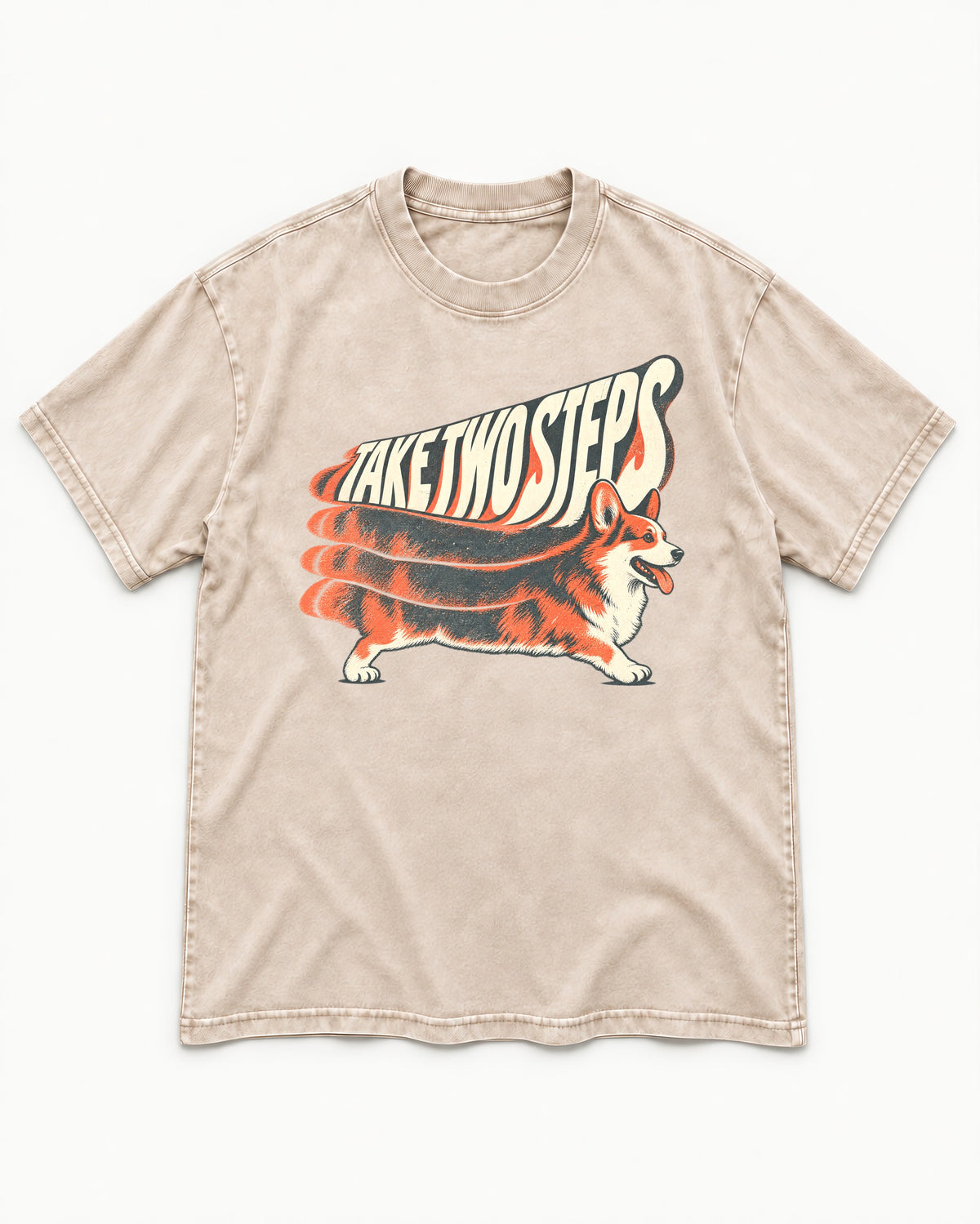 Corgi Take Two Steps Motion Trail Graphic Washed Tee in Apricot, flat lay product photo