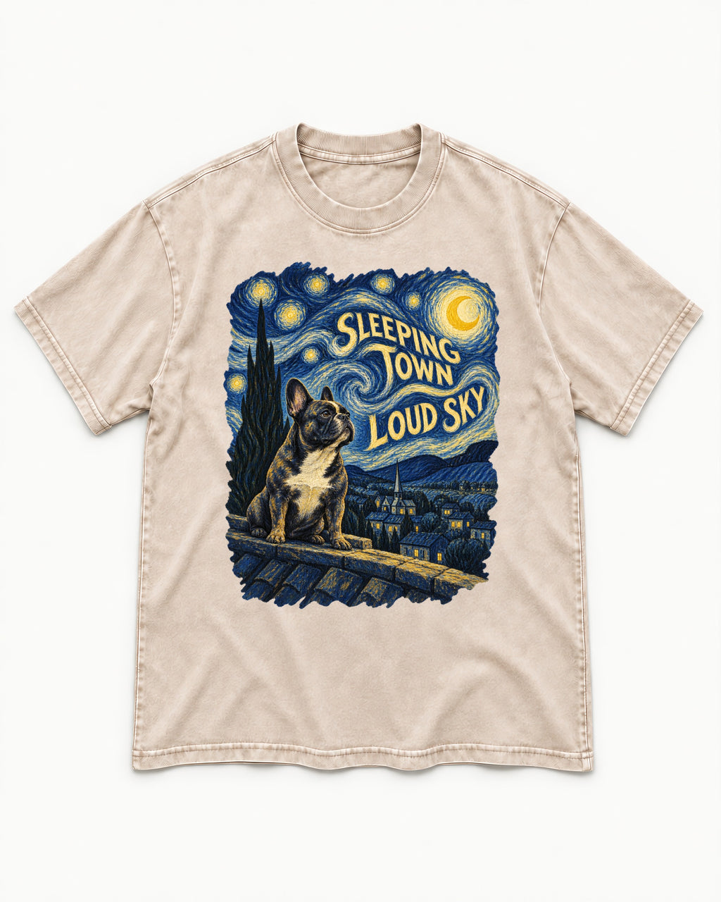 Frenchie Sleeping Town Loud Sky Rooftop Graphic Washed Tee in Apricot, flat lay product photo