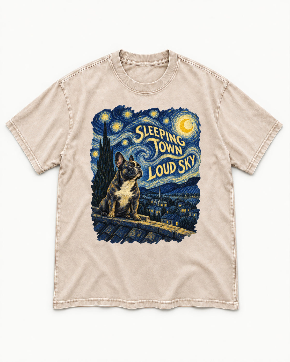 Frenchie Sleeping Town Loud Sky Rooftop Graphic Washed Tee in Apricot, flat lay product photo