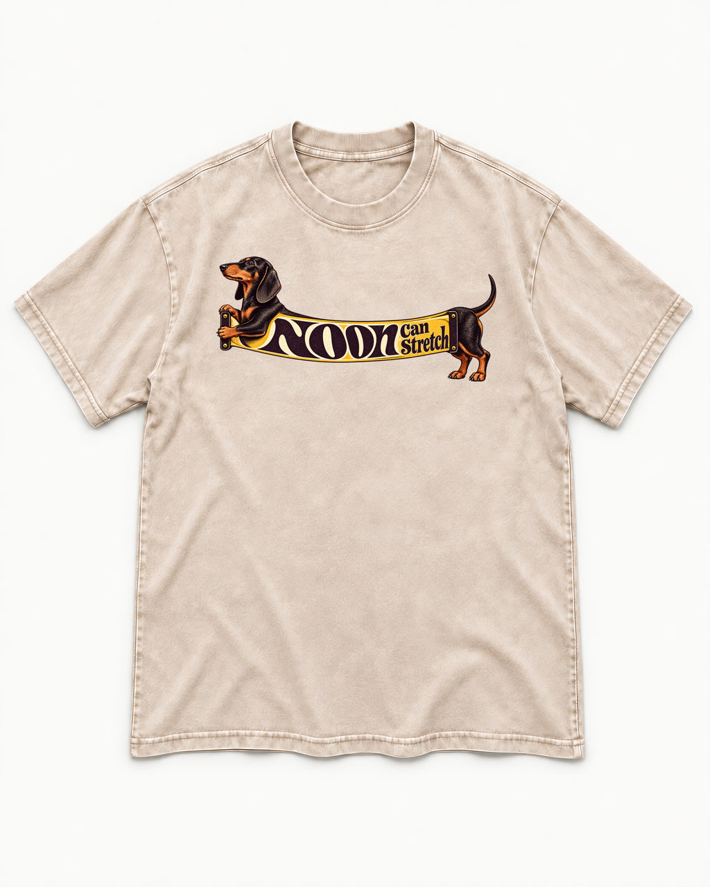 Dachshund Noon Can Stretch Sign Graphic Washed Tee in Apricot, flat lay product photo