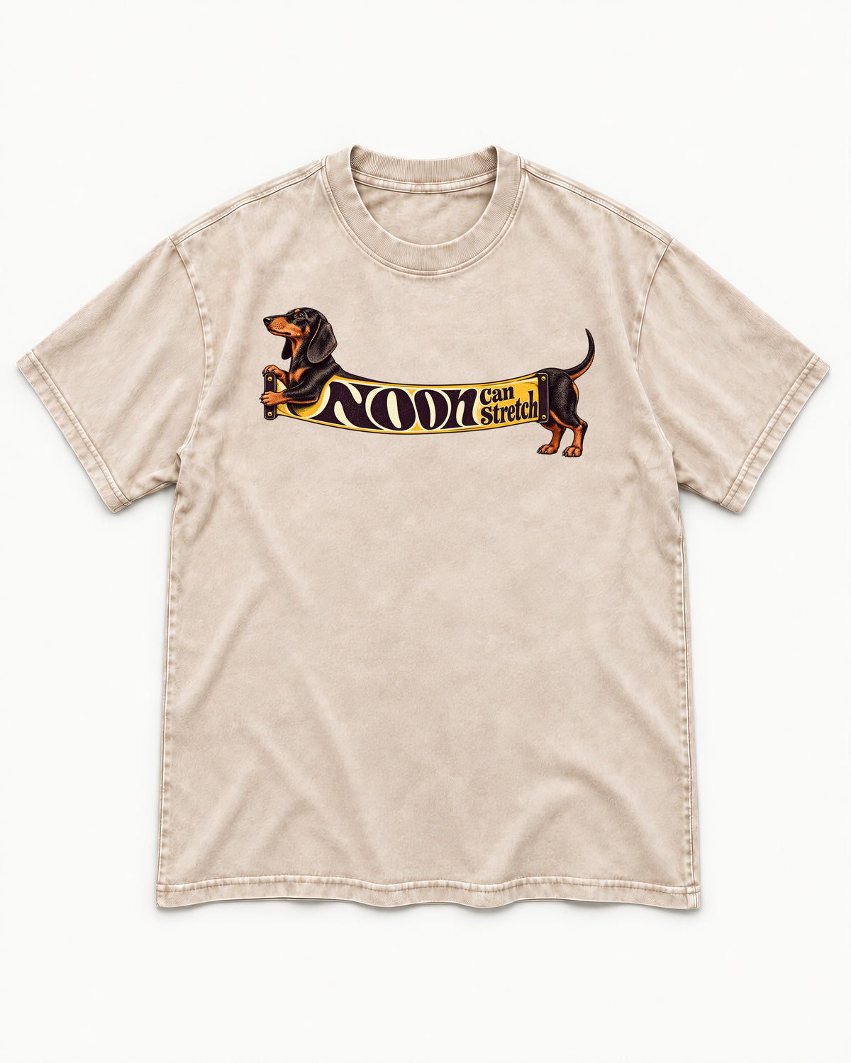 Dachshund Noon Can Stretch Sign Graphic Washed Tee in Apricot, flat lay product photo