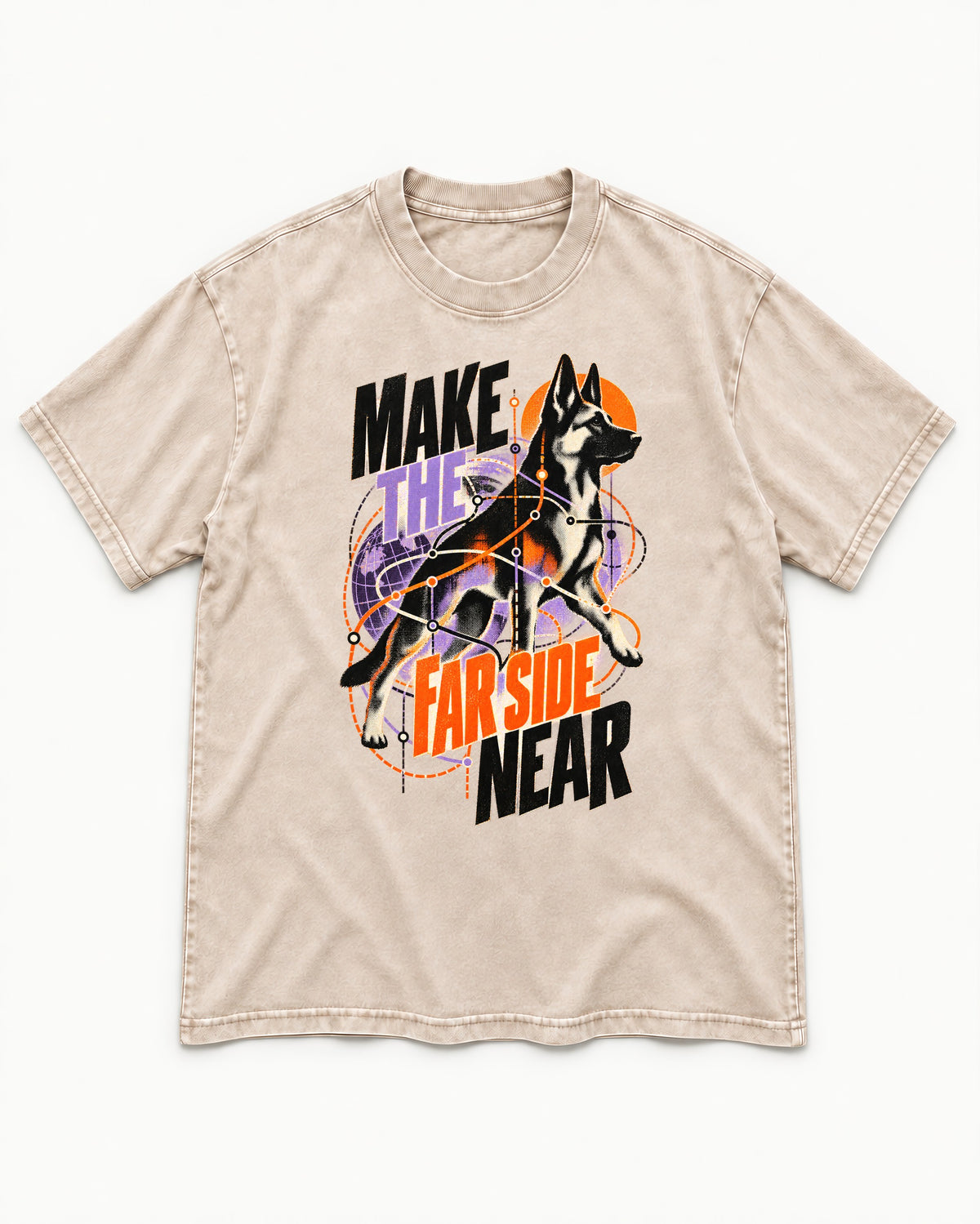 German Shepherd Dog Far Side Near Washed Tee in Apricot, flat lay product photo