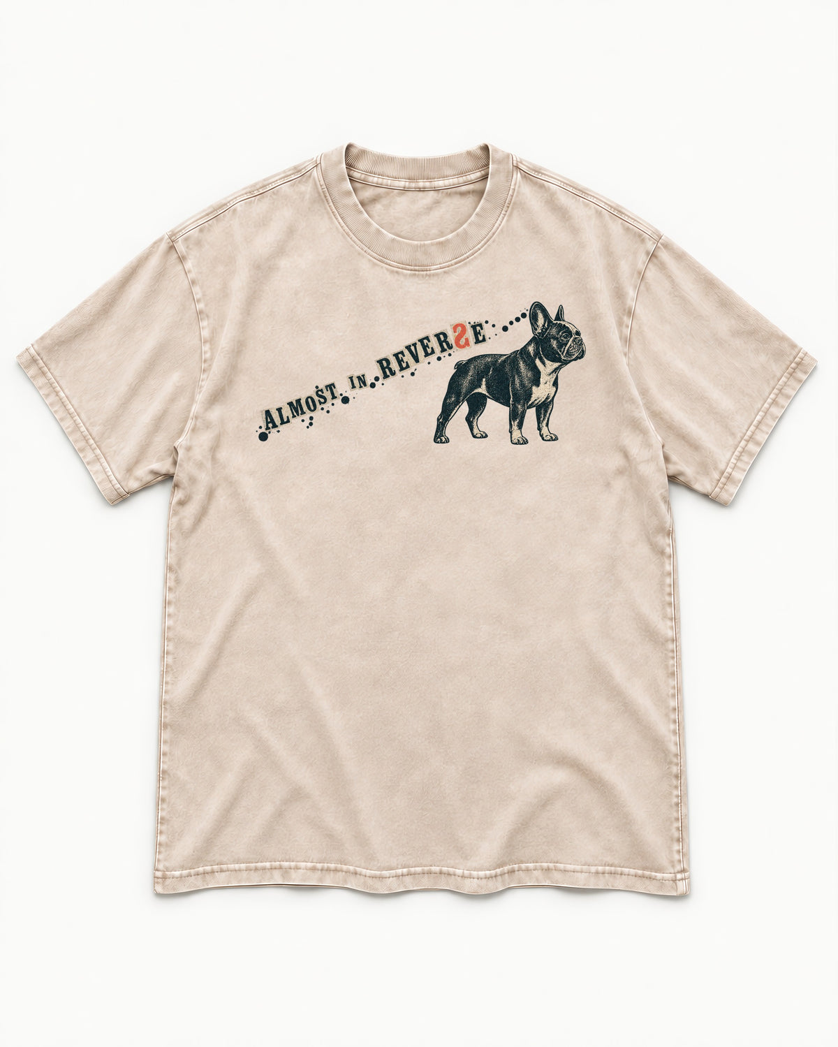 Frenchie Almost In Reverse Dotted Trail Graphic Washed Tee in Apricot, flat lay product photo