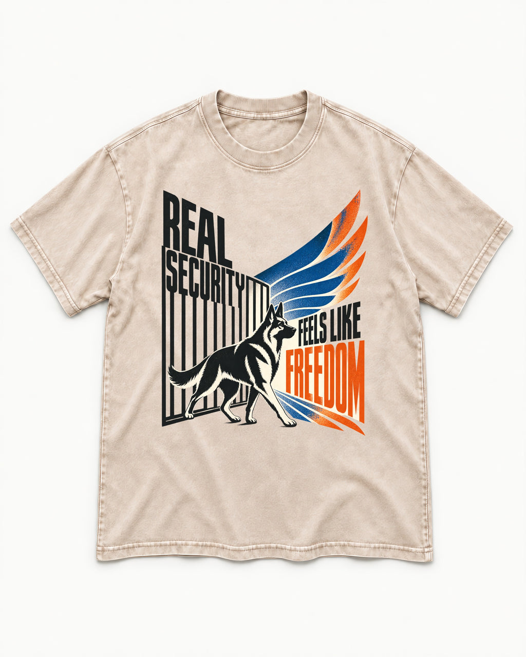 German Shepherd Dog Feels Like Freedom Washed Tee in Apricot, flat lay product photo