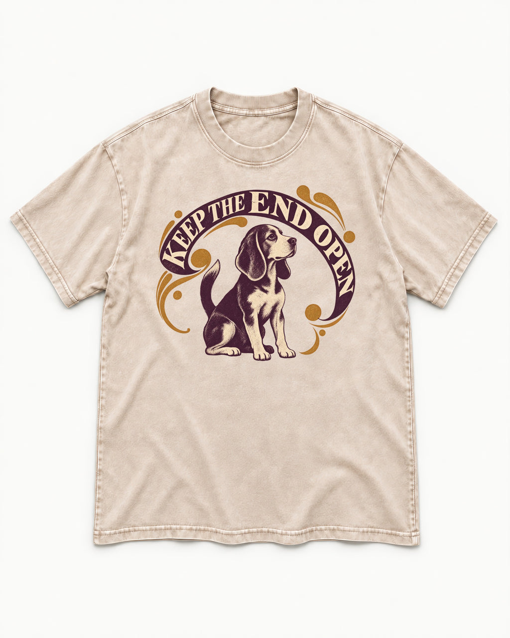 Beagle Keep The End Open Ornamental Graphic Washed Tee in Apricot, flat lay product photo