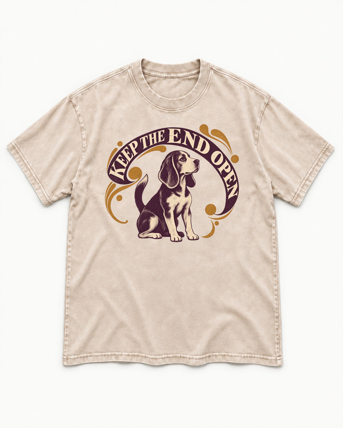 Beagle Keep The End Open Ornamental Graphic Washed Tee in Apricot, flat lay product photo
