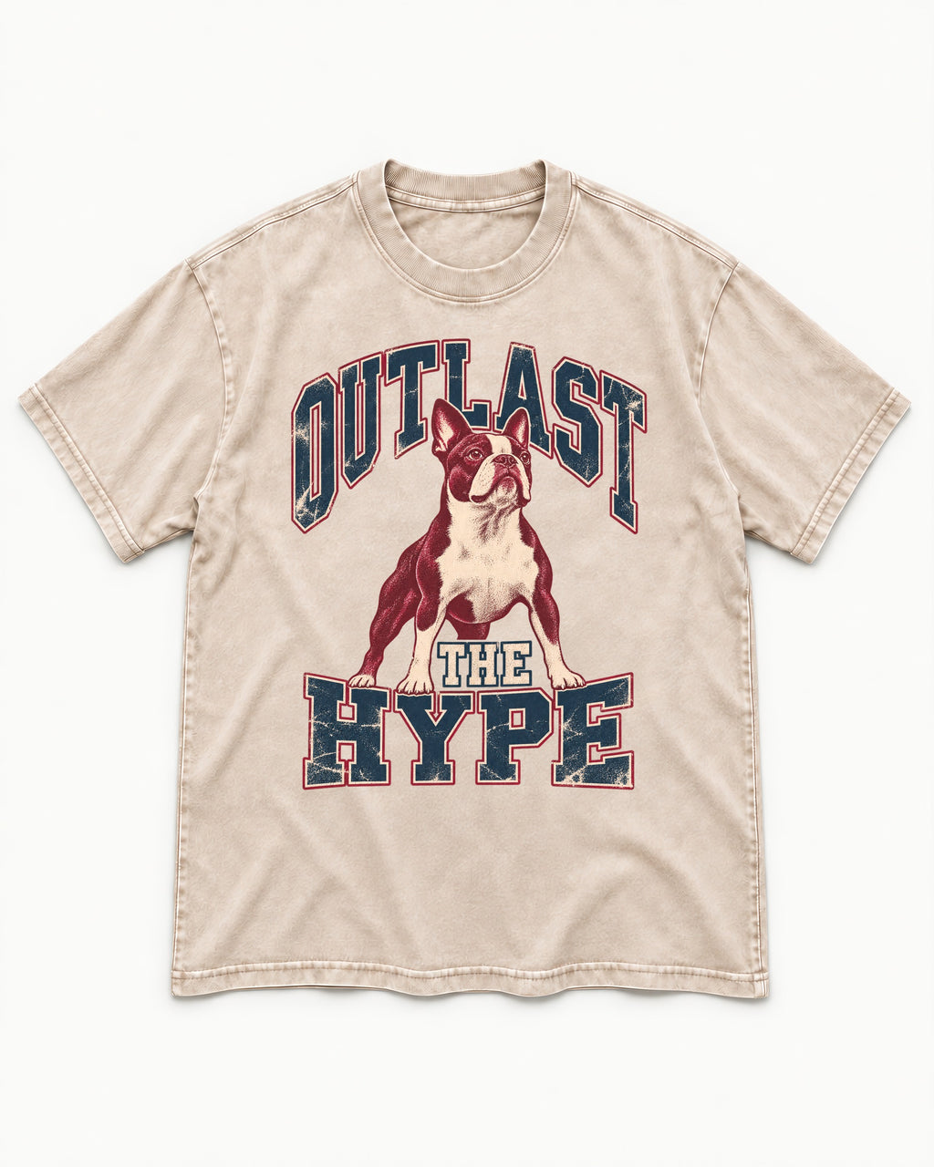 Boston Terrier Outlast The Hype Collegiate Graphic Washed Tee in Apricot, flat lay product photo