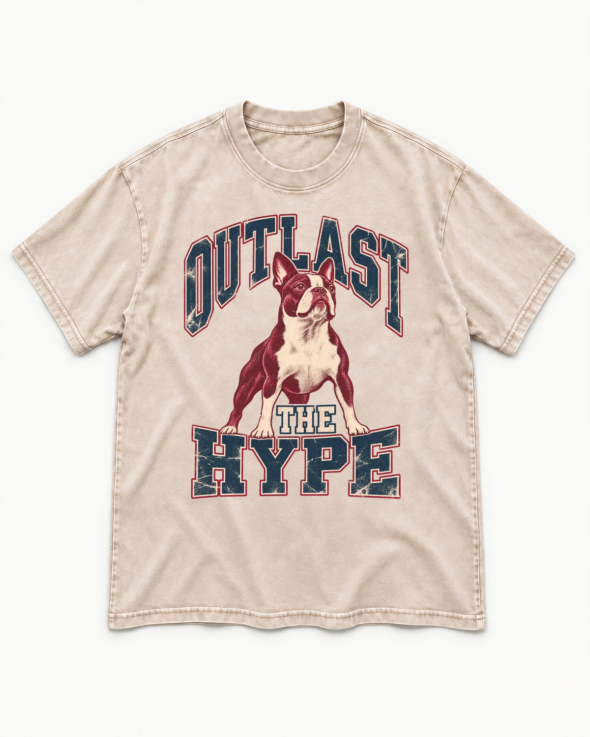 Boston Terrier Outlast The Hype Collegiate Graphic Washed Tee in Apricot, flat lay product photo
