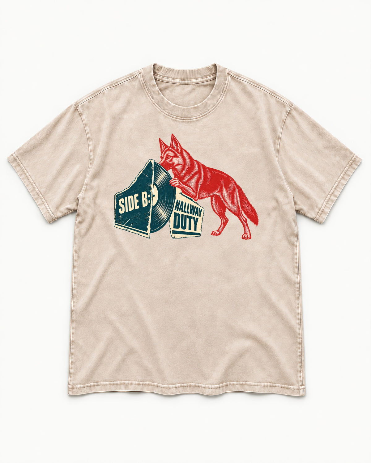 Side B Hallway Duty Vinyl Record German Shepherd Dog Graphic Washed Tee in Apricot, flat lay product photo