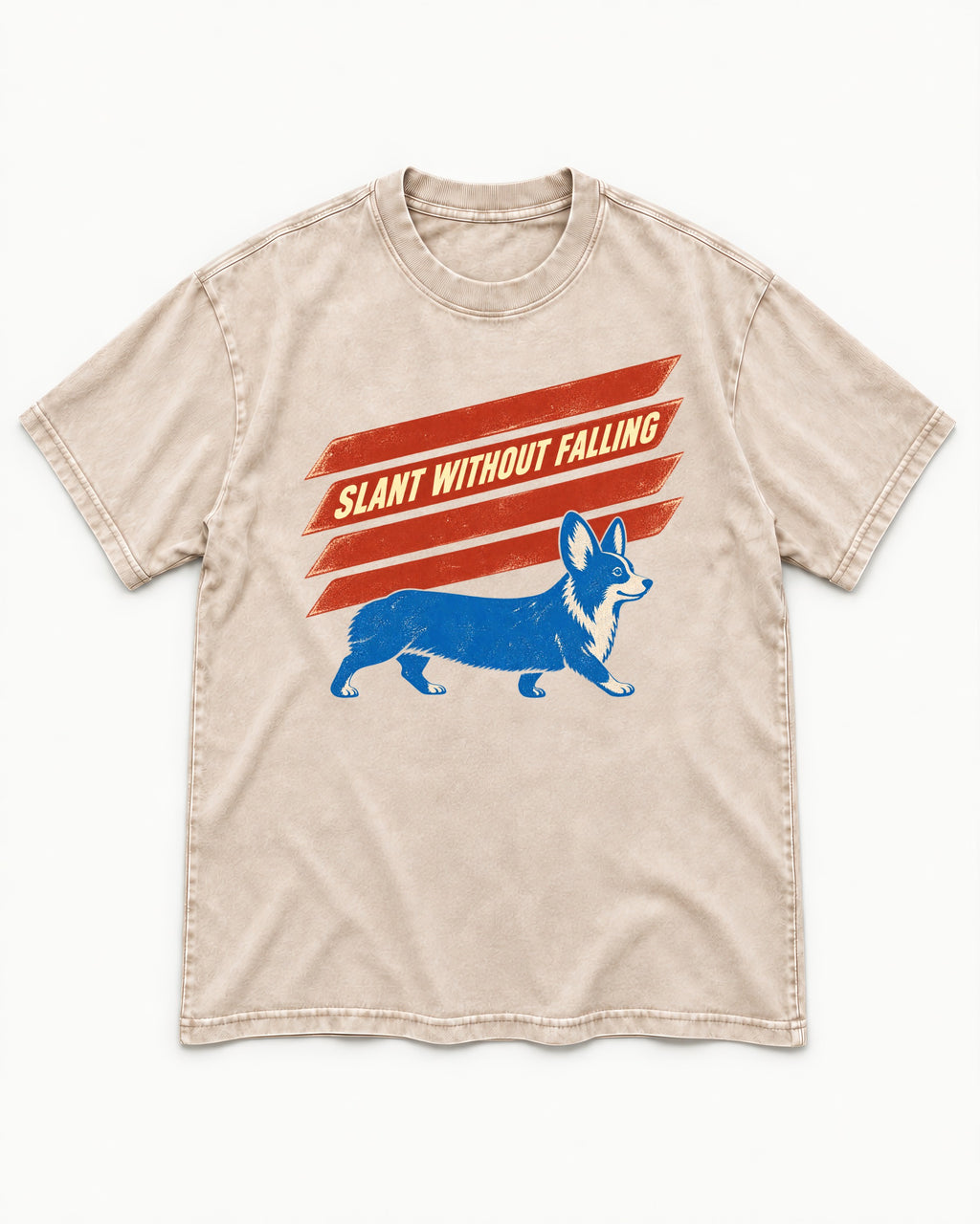 Corgi Slant Without Falling Speed Graphic Washed Tee in Apricot, flat lay product photo