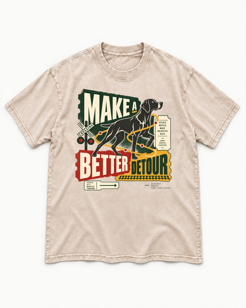 German Shorthaired Pointer Make a Better Detour Railroad Graphic Washed Tee in Apricot, flat lay product photo