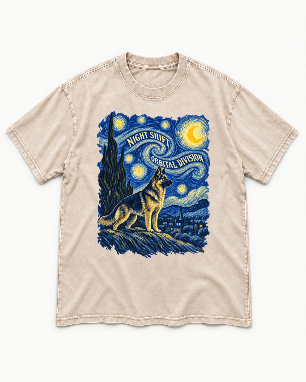 German Shepherd Dog Night Shift Orbital Division Starry Night Washed Tee in Apricot, flat lay product photo