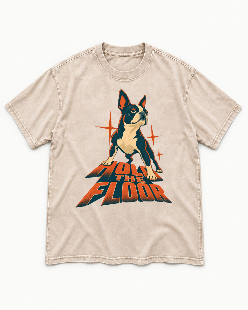 Boston Terrier On The Floor Perspective Graphic Washed Tee in Apricot, flat lay product photo