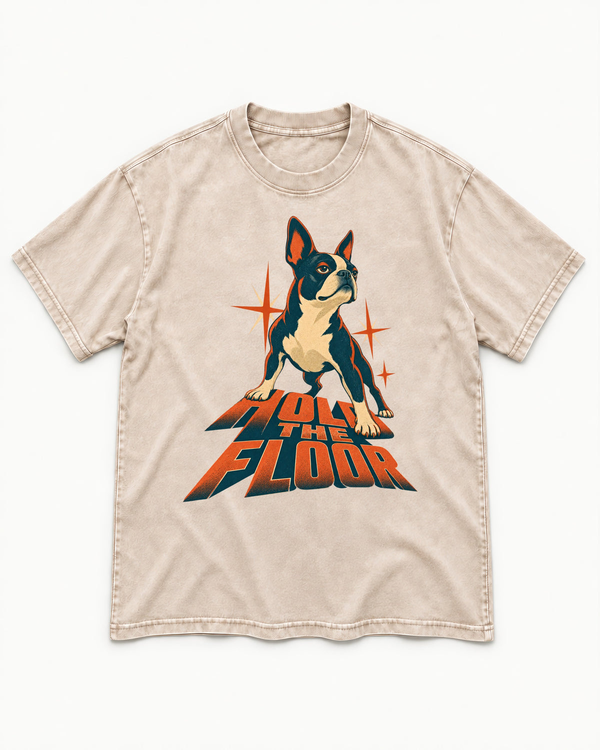 Boston Terrier On The Floor Perspective Graphic Washed Tee in Apricot, flat lay product photo