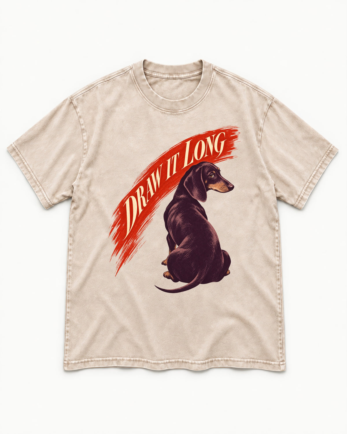 Draw It Long Dachshund Washed Tee in Apricot, flat lay product photo