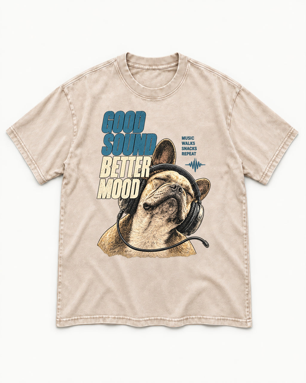 Frenchie Good Sound Better Mood Headphones Graphic Washed Tee in Apricot, flat lay product photo