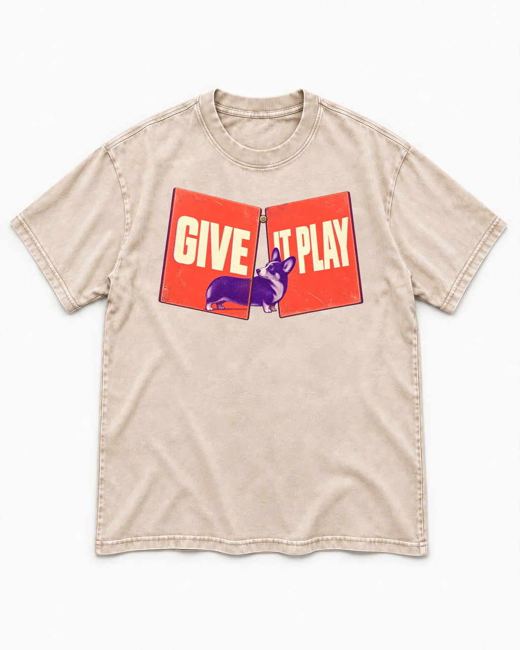 Corgi Give It Play Folding Panels Washed Tee in Apricot, flat lay product photo
