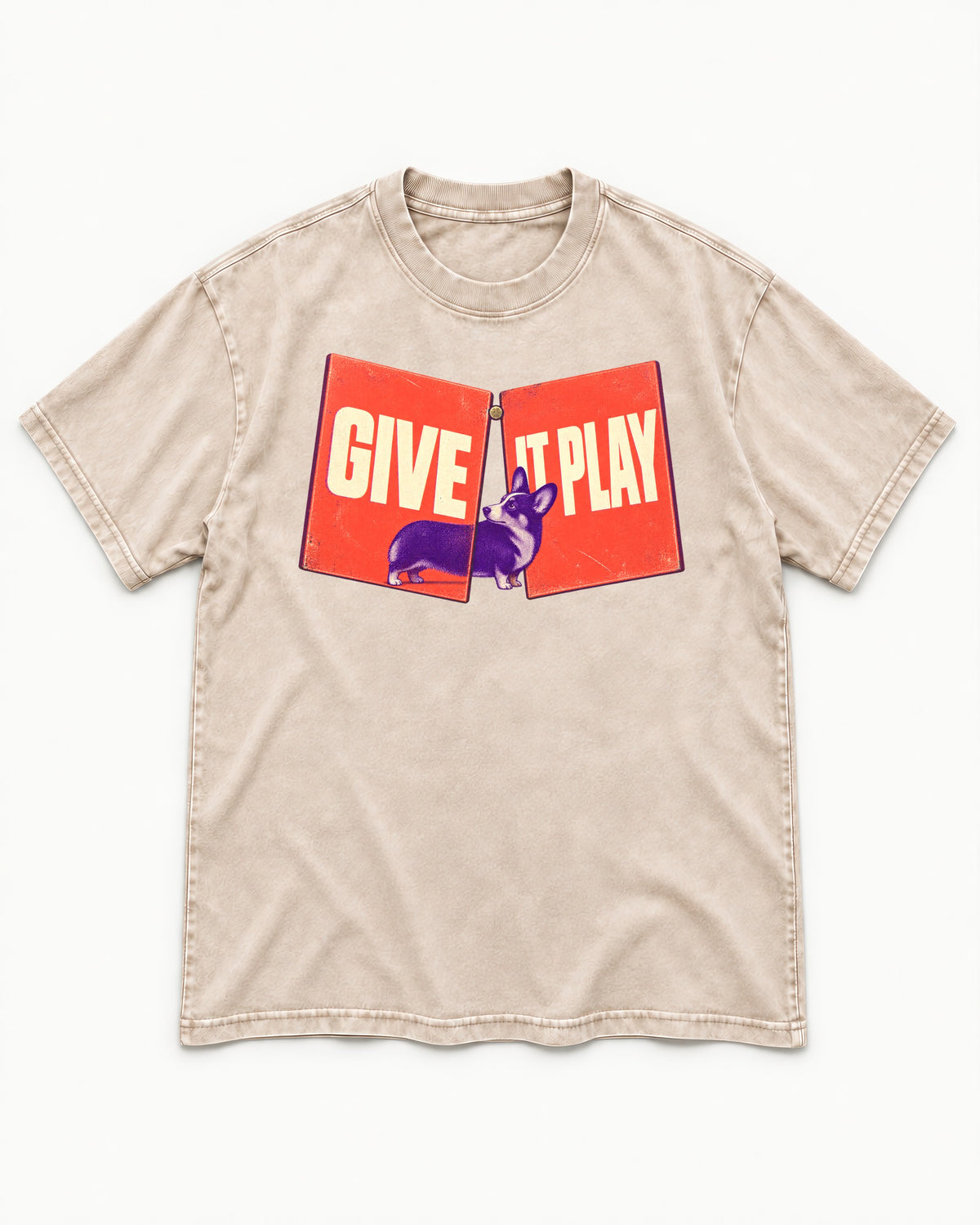 Corgi Give It Play Folding Panels Washed Tee in Apricot, flat lay product photo