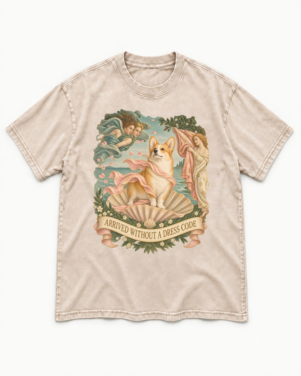 Corgi Arrived Without a Dress Code Birth of Venus Washed Tee in Apricot, flat lay product photo