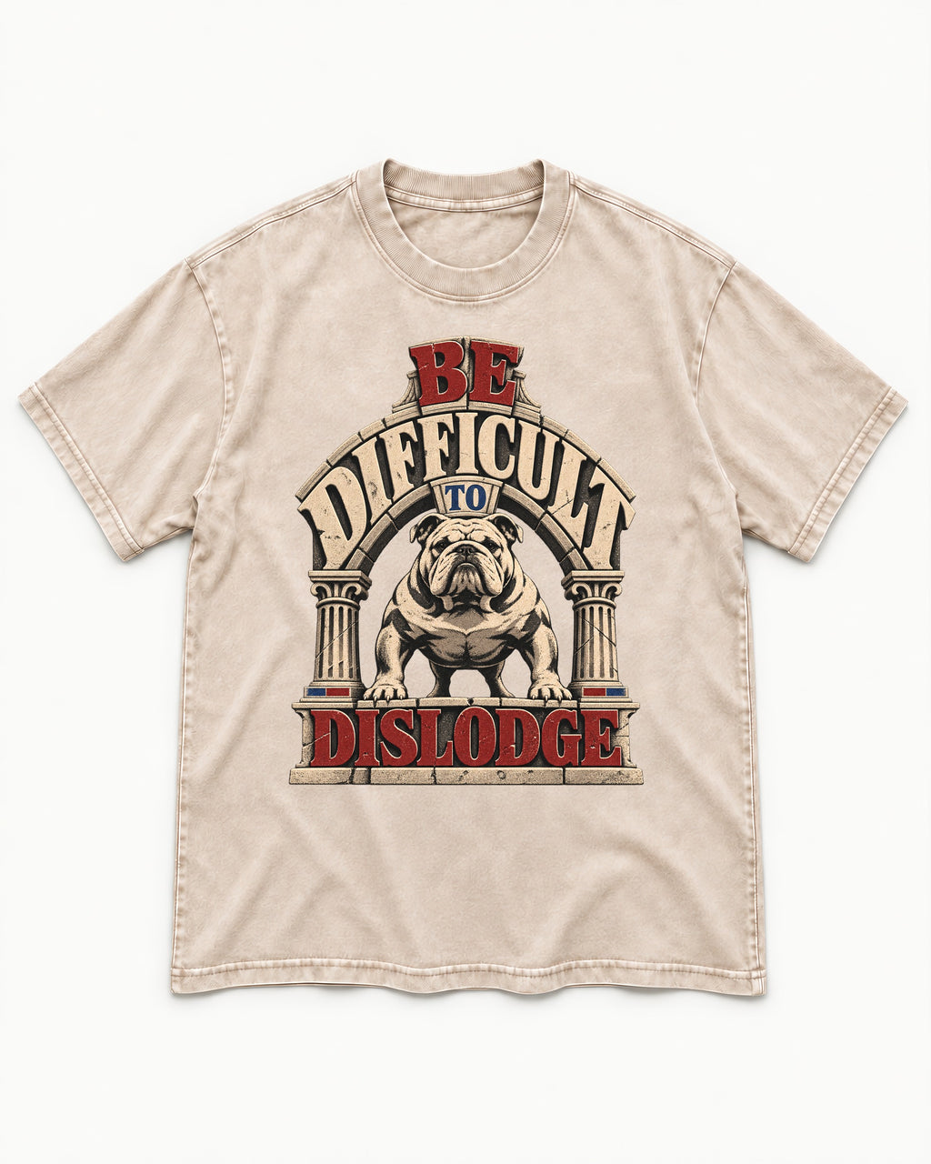 English Bulldog Be Difficult to Dislodge Stone Arch Graphic Washed Tee in Apricot, flat lay product photo
