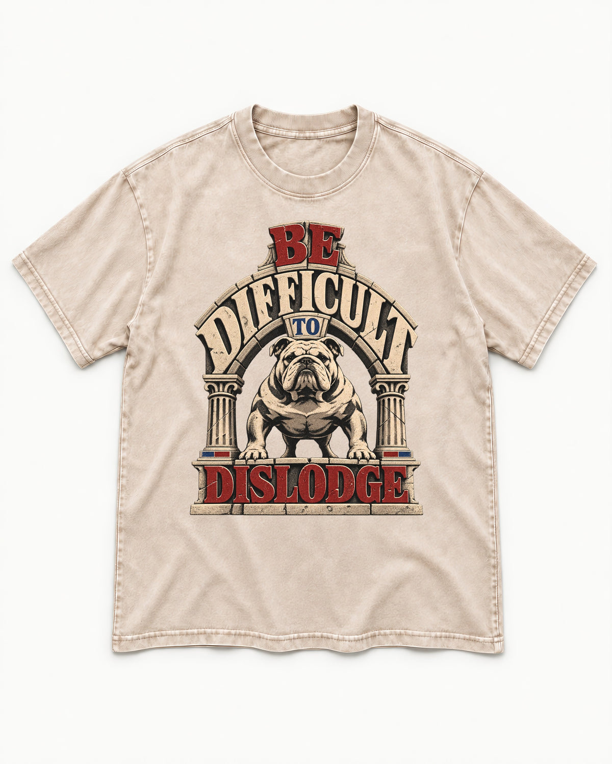 English Bulldog Be Difficult to Dislodge Stone Arch Graphic Washed Tee in Apricot, flat lay product photo