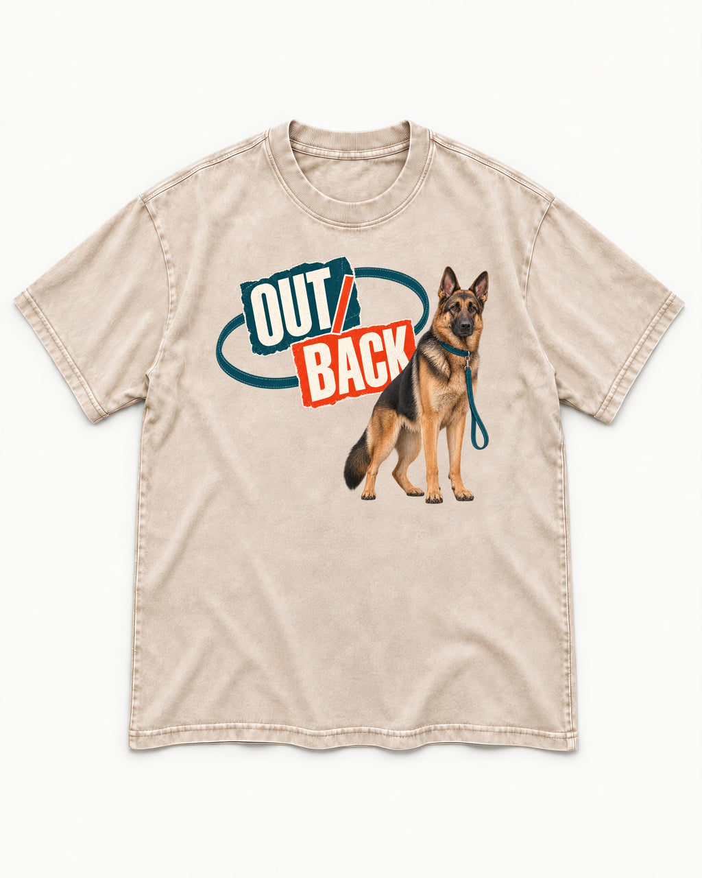 Out Back Leash German Shepherd Dog Graphic Washed Tee in Apricot, flat lay product photo