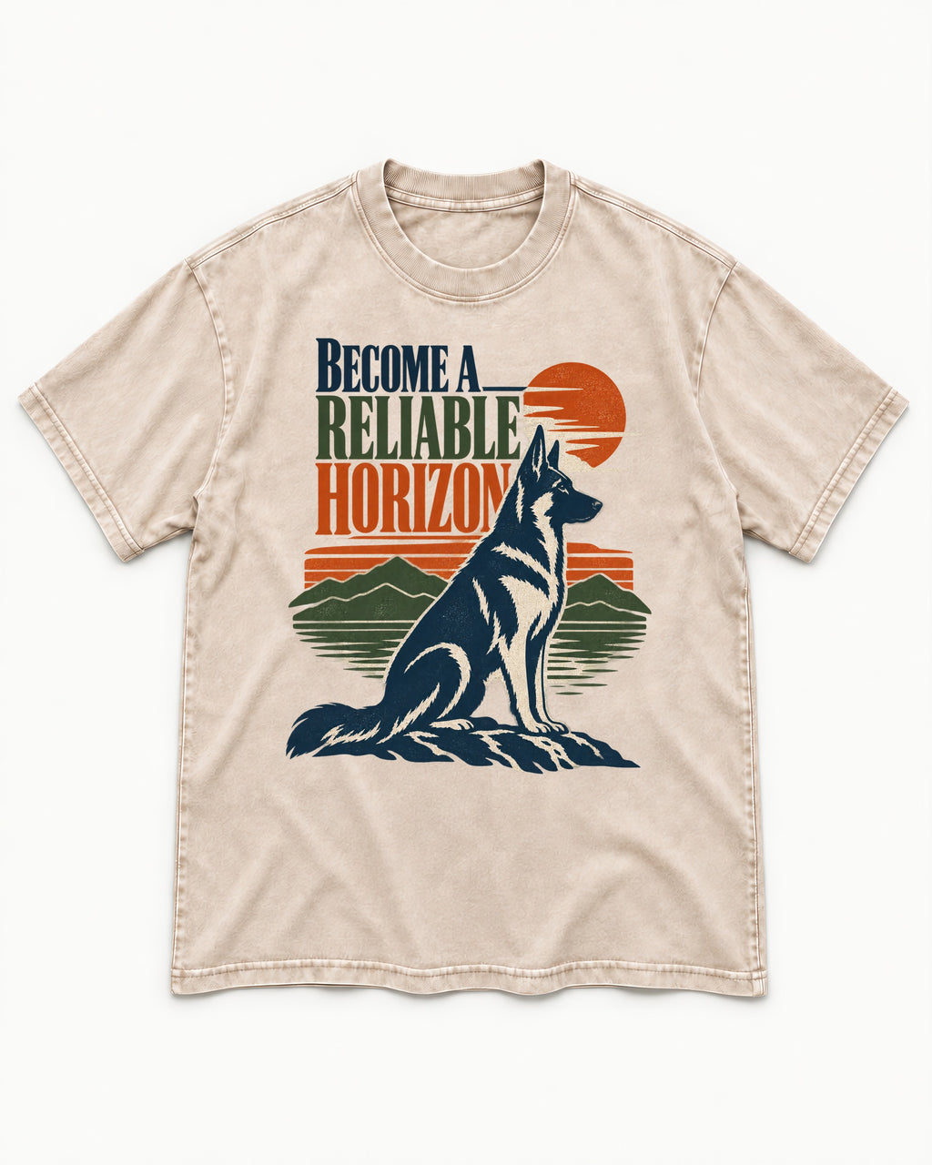 German Shepherd Dog Become a Reliable Horizon Washed Tee in Apricot, flat lay product photo