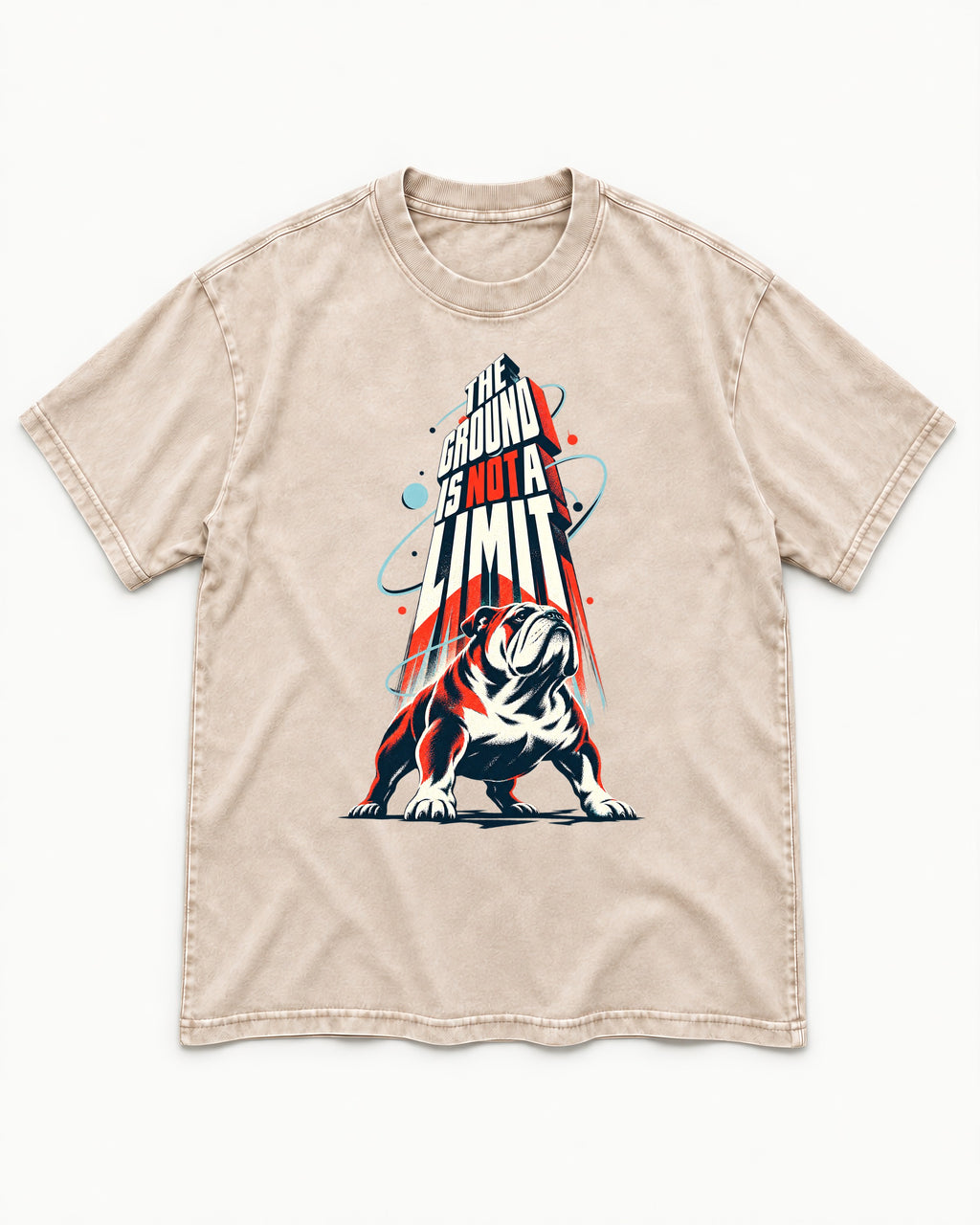 English Bulldog The Ground Is Not a Limit Orbital Graphic Washed Tee in Apricot, flat lay product photo