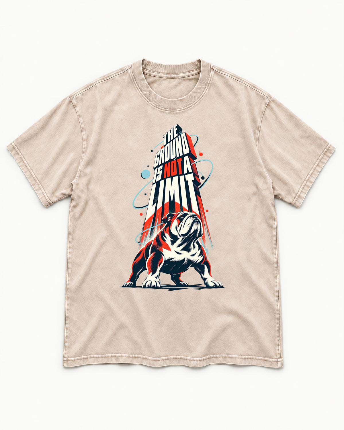 English Bulldog The Ground Is Not a Limit Orbital Graphic Washed Tee in Apricot, flat lay product photo