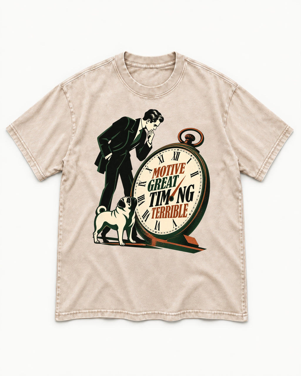 Pug Great Motive Terrible Timing Washed Tee in Apricot, flat lay product photo
