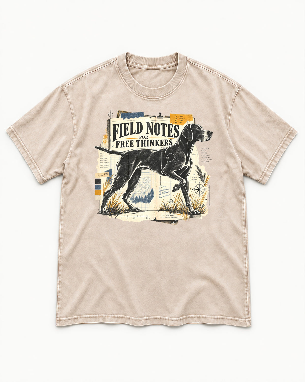 Field Notes for Free Thinkers Collage German Shorthaired Pointer Graphic Washed Tee in Apricot, flat lay product photo