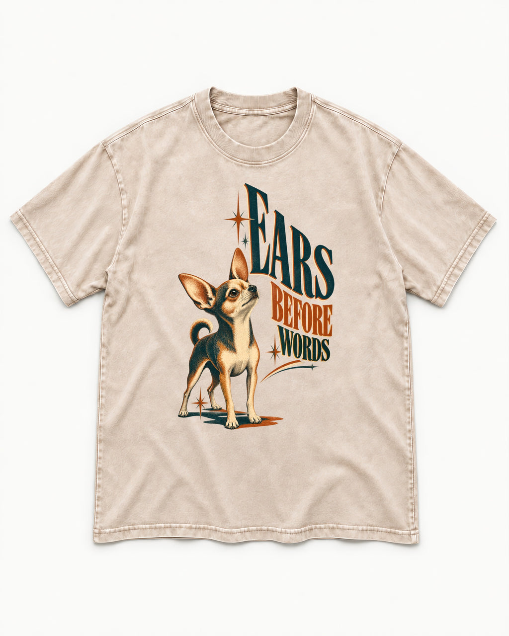 Chihuahua Ears Before Words Retro Typography Washed Tee in Apricot, flat lay product photo