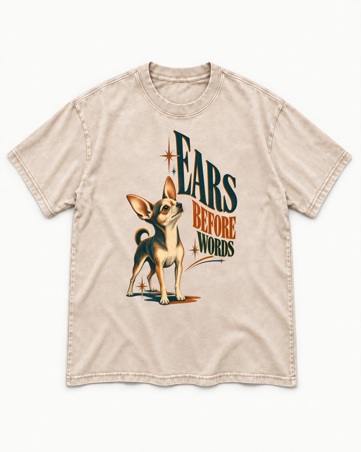 Chihuahua Ears Before Words Retro Typography Washed Tee in Apricot, flat lay product photo
