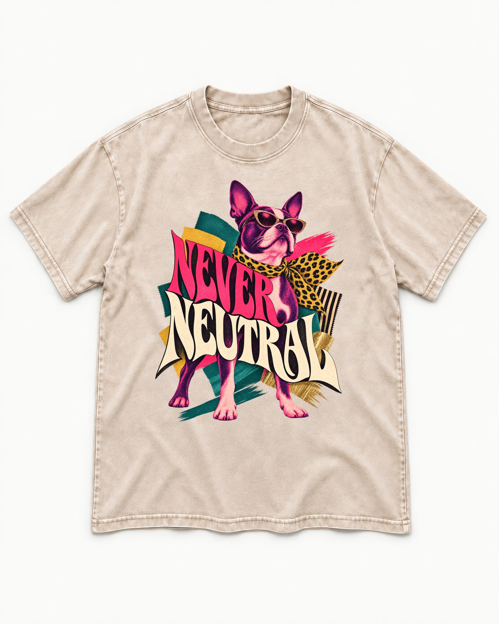 Boston Terrier Never Neutral Fashion Collage Graphic Washed Tee in Apricot, flat lay product photo