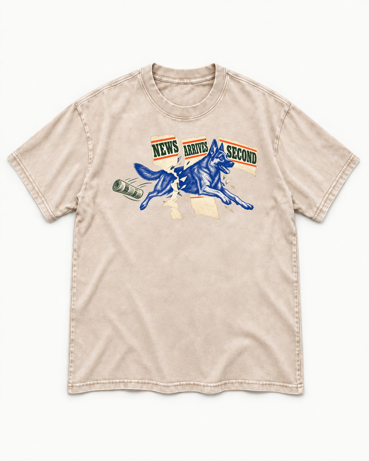 News Arrives Second German Shepherd Dog Washed Tee in Apricot, flat lay product photo