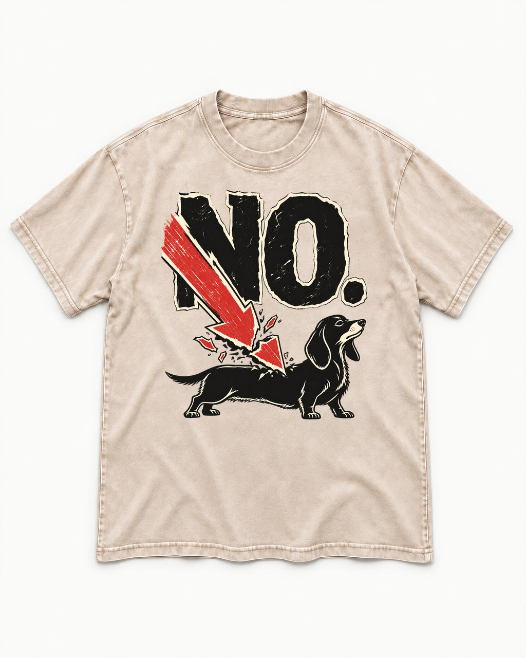 Dachshund Says No Washed Tee in Apricot, flat lay product photo