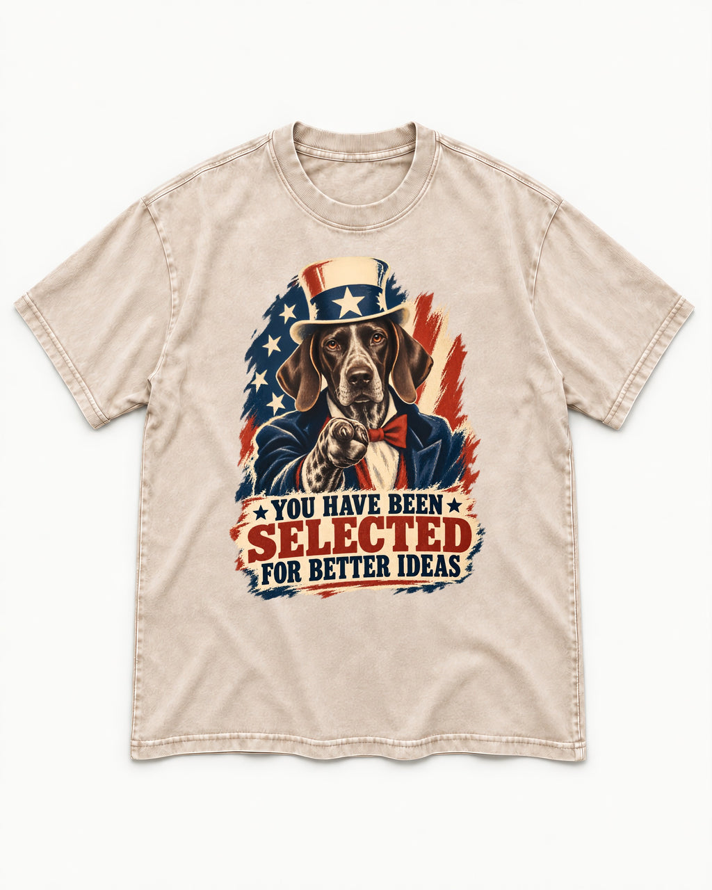 German Shorthaired Pointer You Have Been Selected For Better Ideas Uncle Sam Graphic Washed Tee in Apricot, flat lay product photo