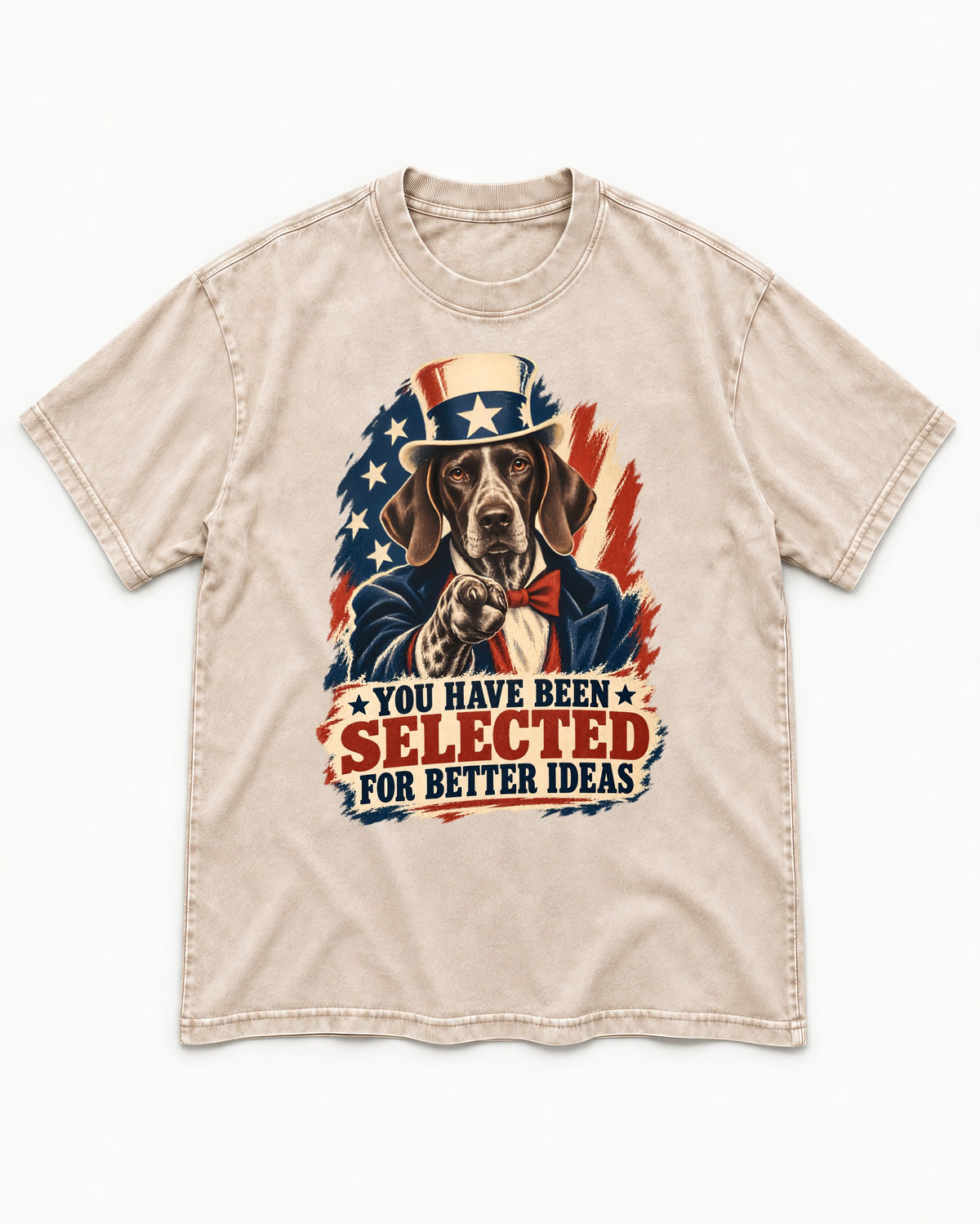 German Shorthaired Pointer You Have Been Selected For Better Ideas Uncle Sam Graphic Washed Tee in Apricot, flat lay product photo