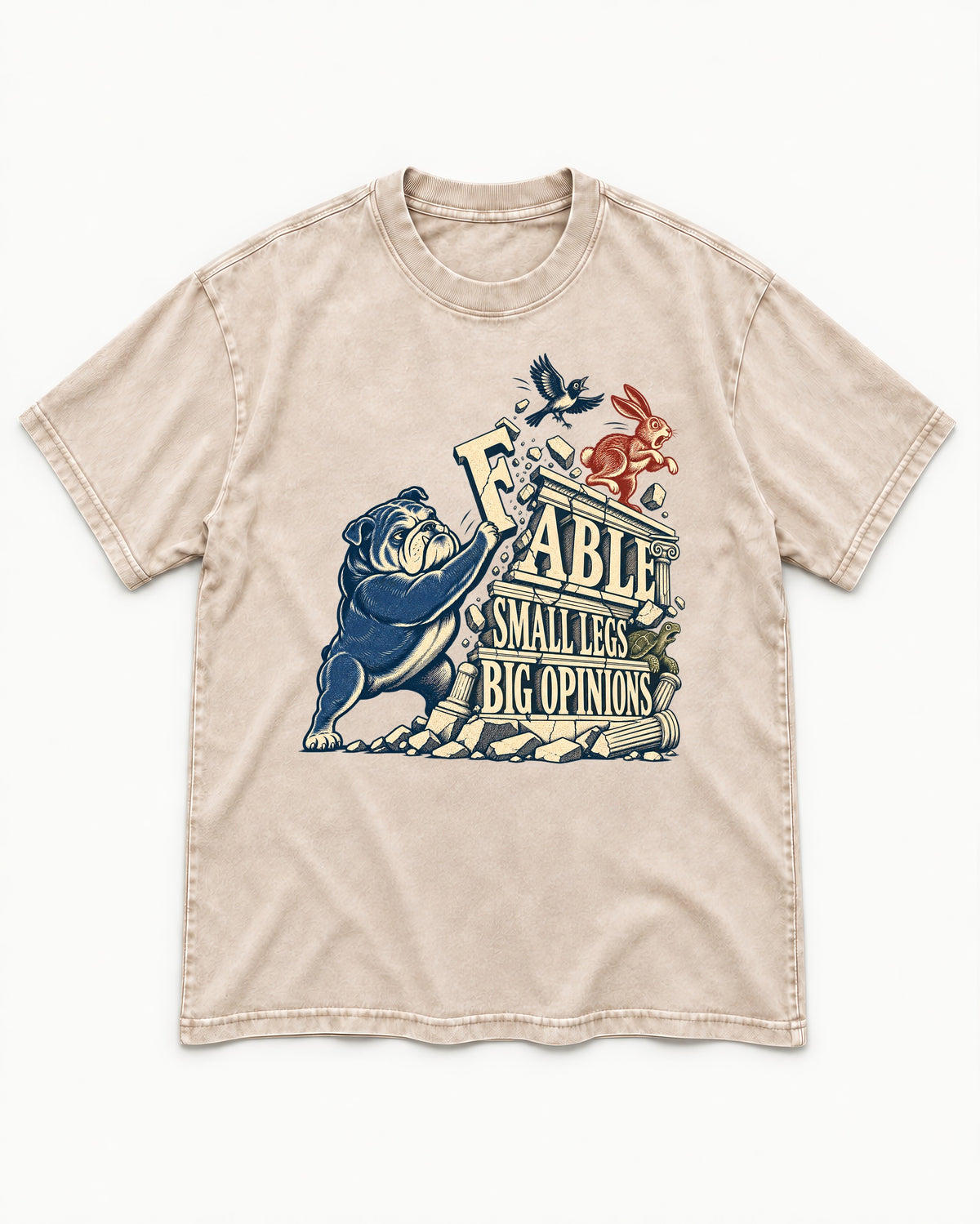Small Legs Big Opinions English Bulldog Washed Tee in Apricot, flat lay product photo