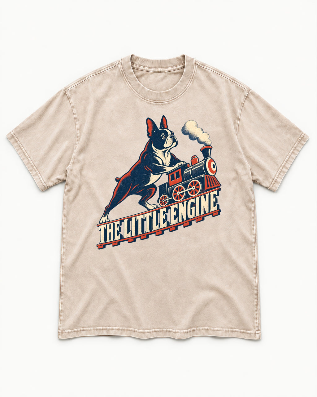 Boston Terrier The Little Engine Washed Tee in Apricot, flat lay product photo
