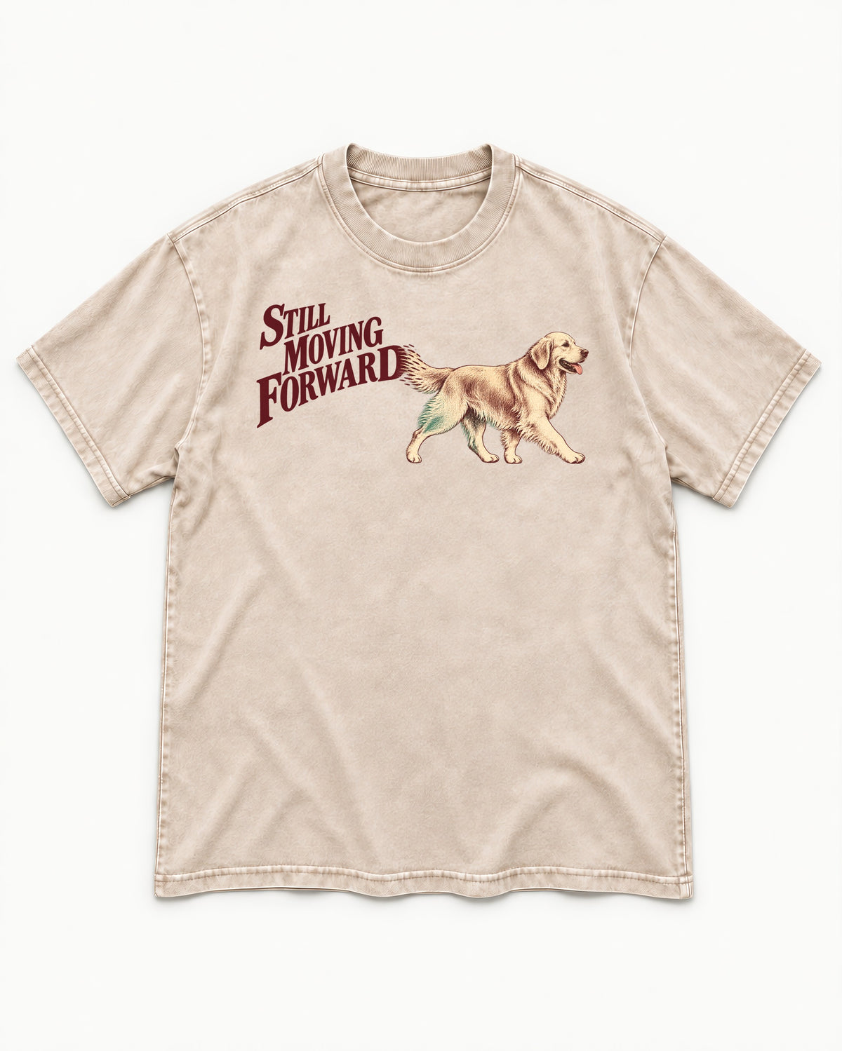 Golden Retriever Still Moving Forward Washed Tee in Apricot, flat lay product photo