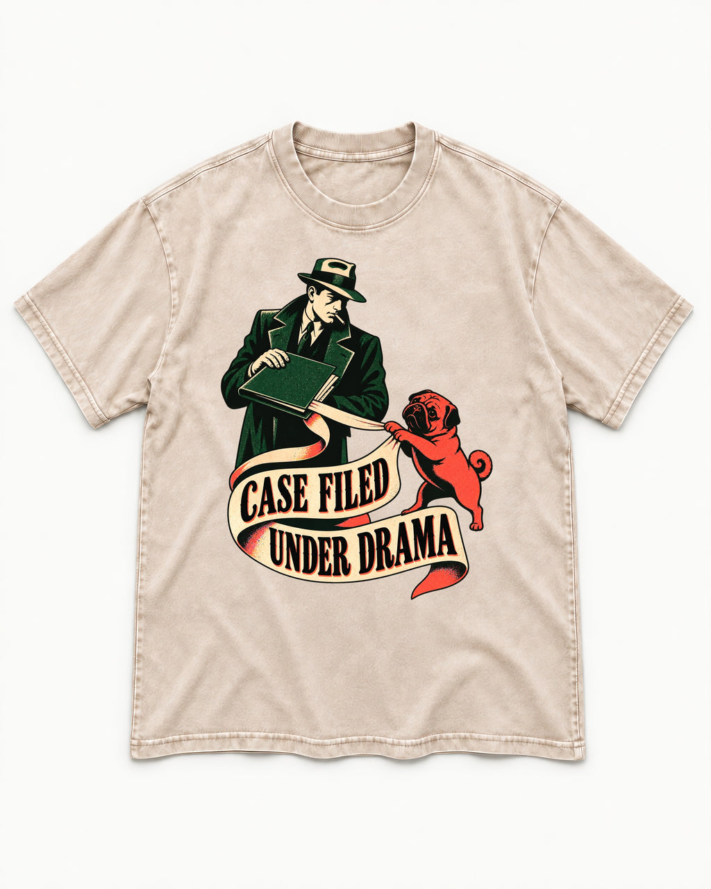 Pug Case Filed Under Drama Washed Tee in Apricot, flat lay product photo
