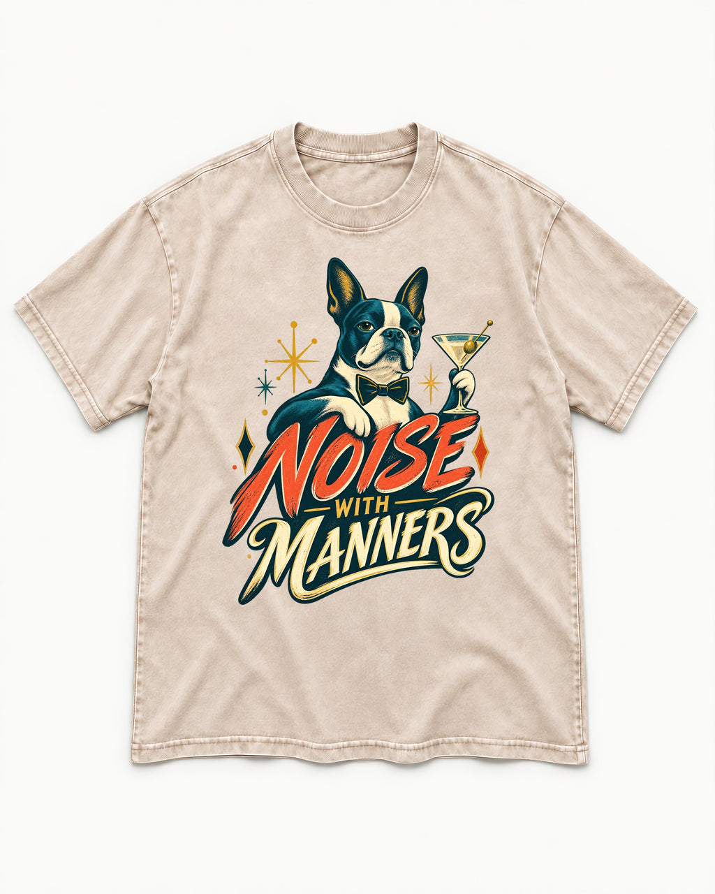 Boston Terrier Noise With Manners Cocktail Graphic Washed Tee in Apricot, flat lay product photo