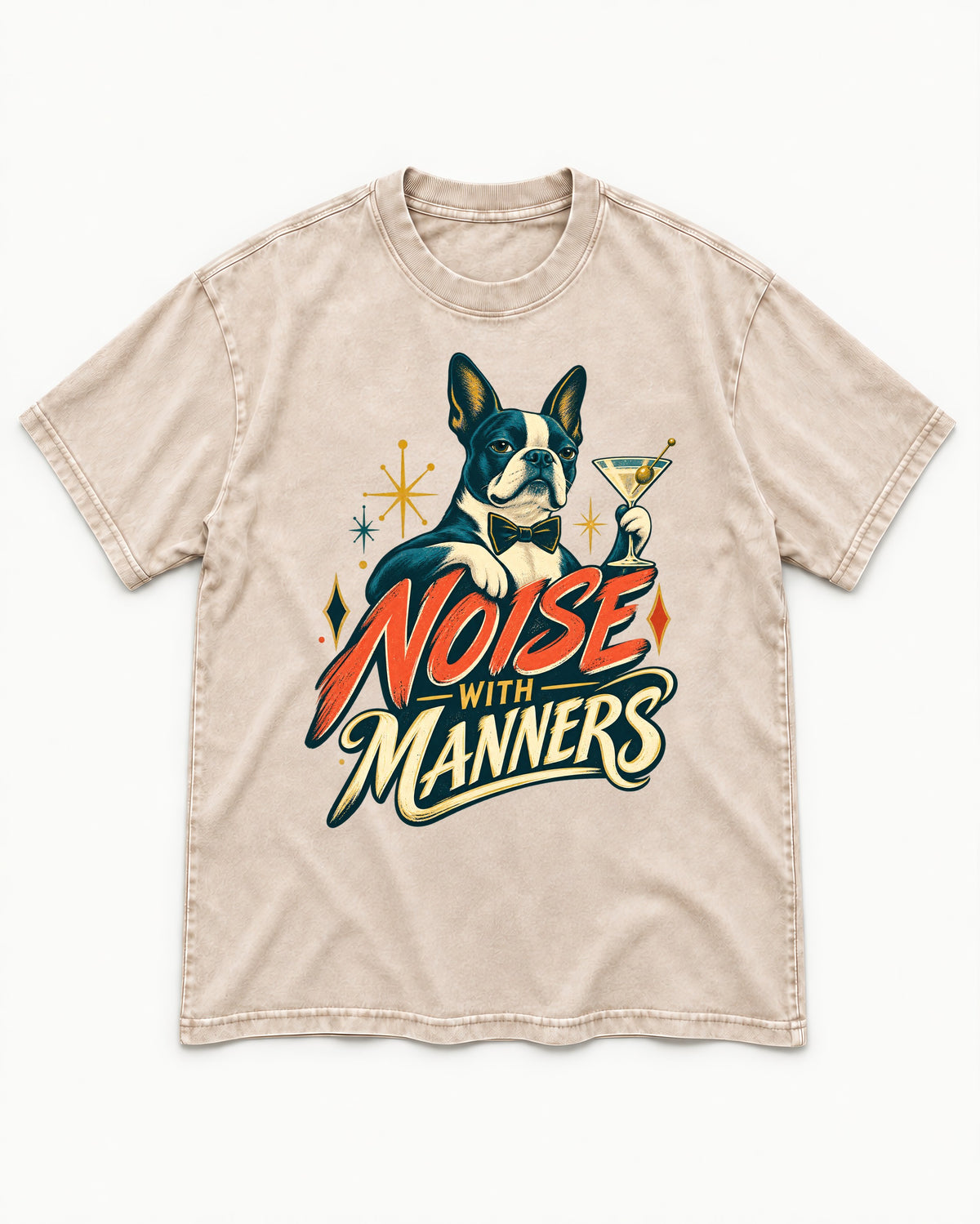 Boston Terrier Noise With Manners Cocktail Graphic Washed Tee in Apricot, flat lay product photo