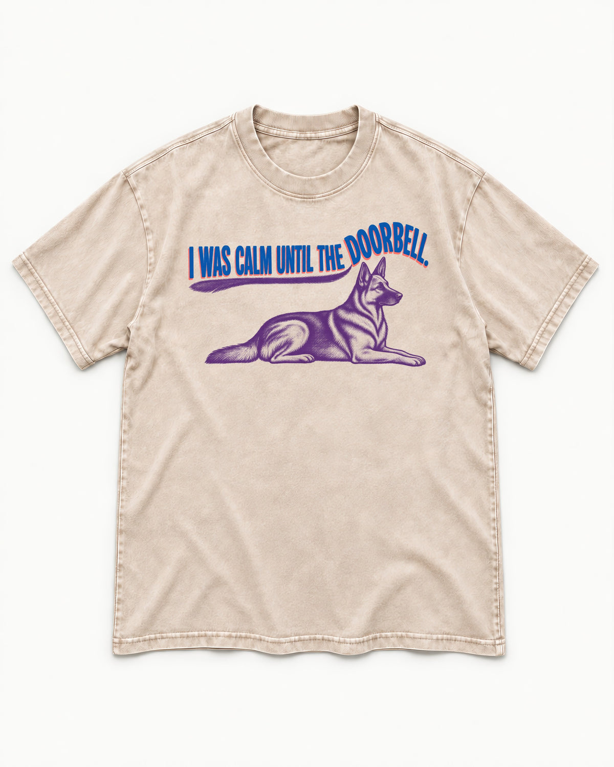 German Shepherd Dog Calm Until the Doorbell Washed Tee in Apricot, flat lay product photo