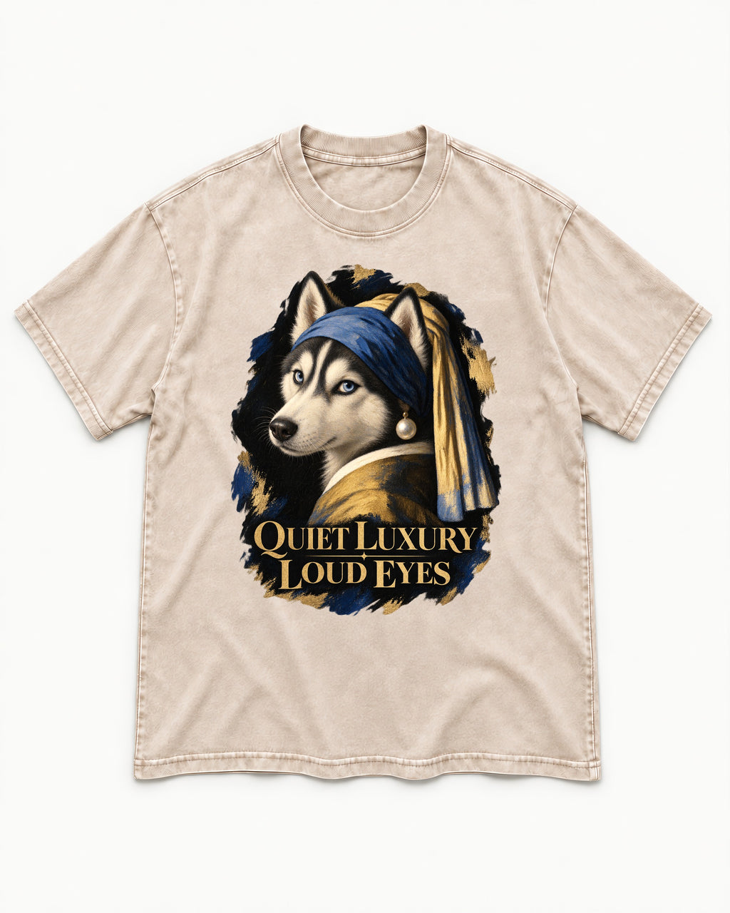Husky Quiet Luxury Loud Eyes Pearl Portrait Graphic Washed Tee in Apricot, flat lay product photo