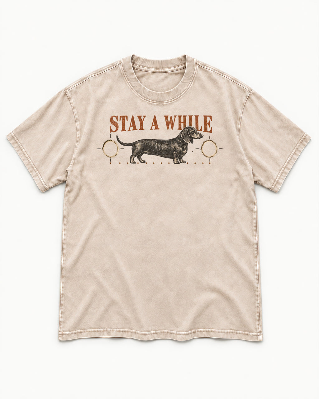 Dachshund Stay A While Ornamental Portrait Graphic Washed Tee in Apricot, flat lay product photo