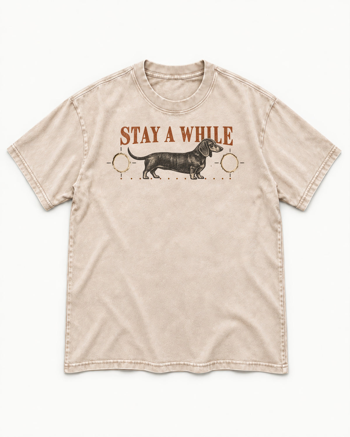 Dachshund Stay A While Ornamental Portrait Graphic Washed Tee in Apricot, flat lay product photo