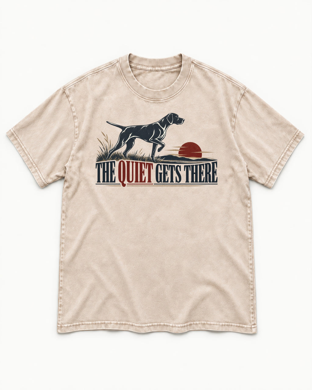 The Quiet Gets There German Shorthaired Pointer Washed Tee in Apricot, flat lay product photo