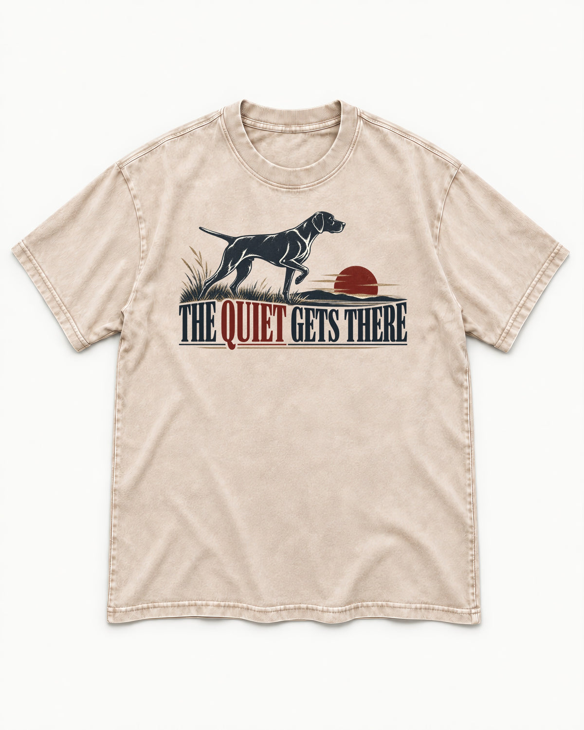 The Quiet Gets There German Shorthaired Pointer Washed Tee in Apricot, flat lay product photo